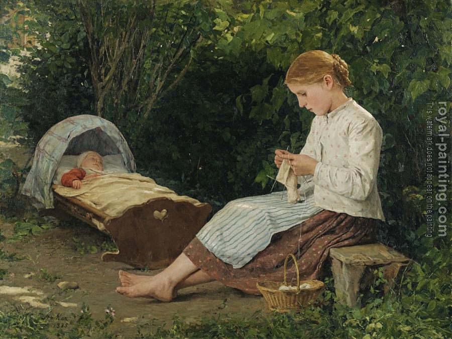 Albert Anker : Knitting girl watching the toddler in a craddle